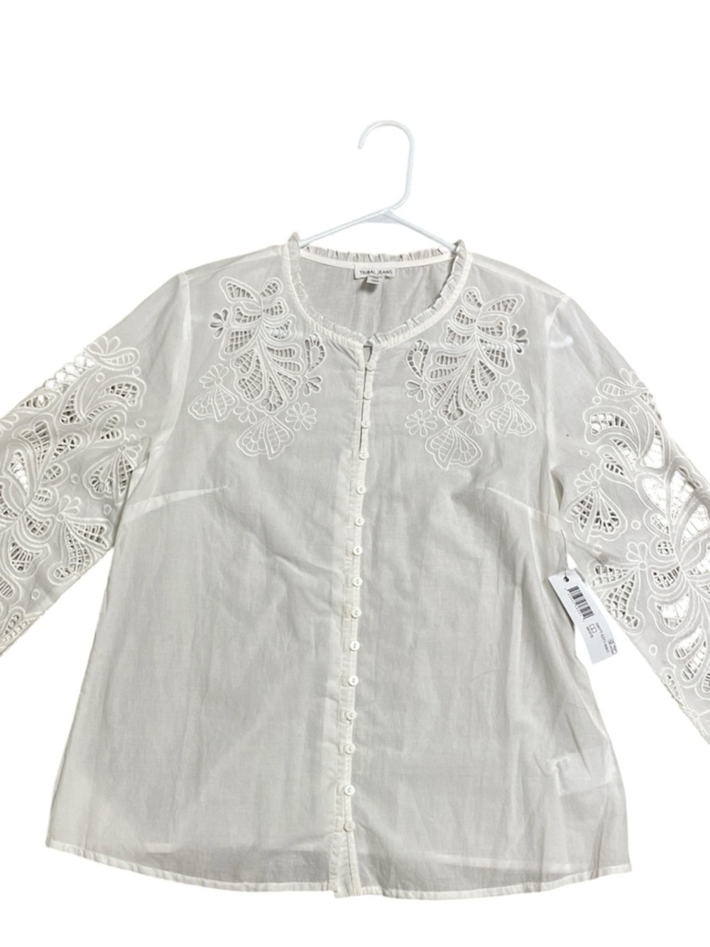 Tribal White Embroidered Eyelet Button-Front Blouse